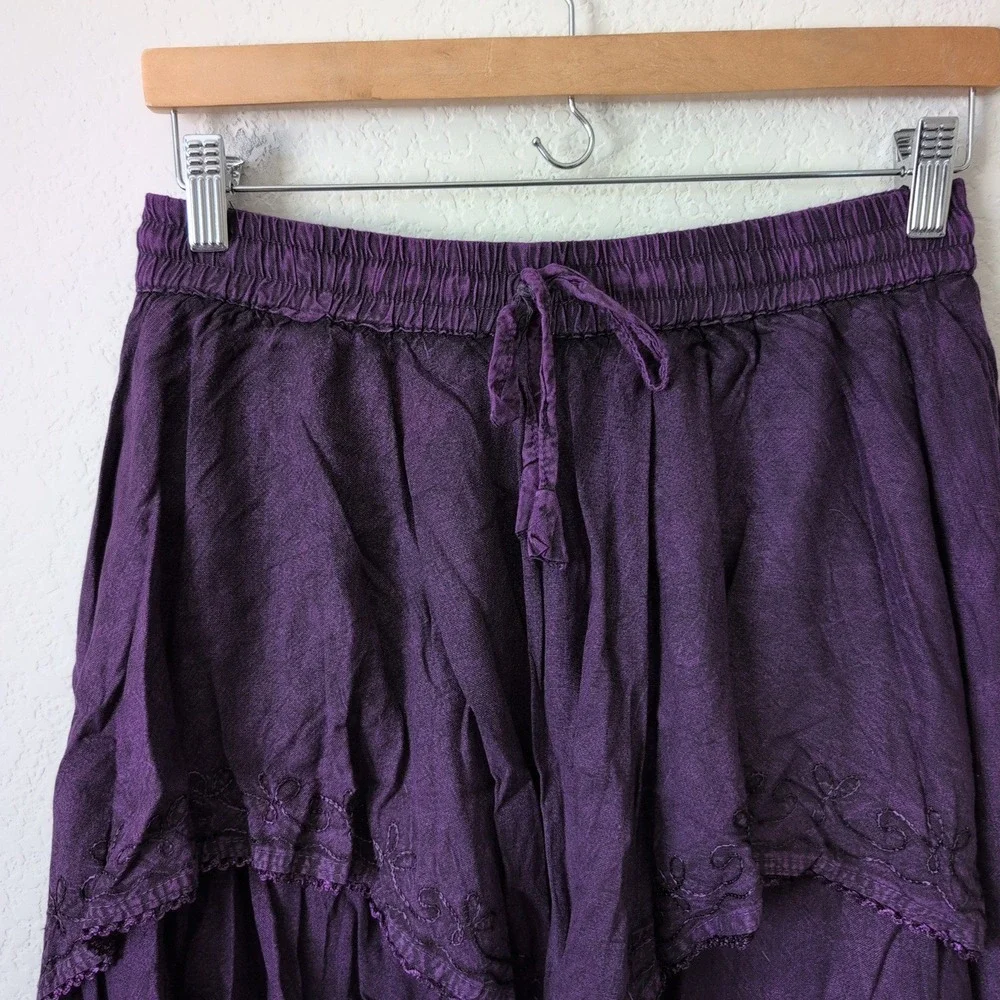 Flower Purple Embroidery Handkerchief Tiered Boho Skirt OS Rayon Fairy Whimsy